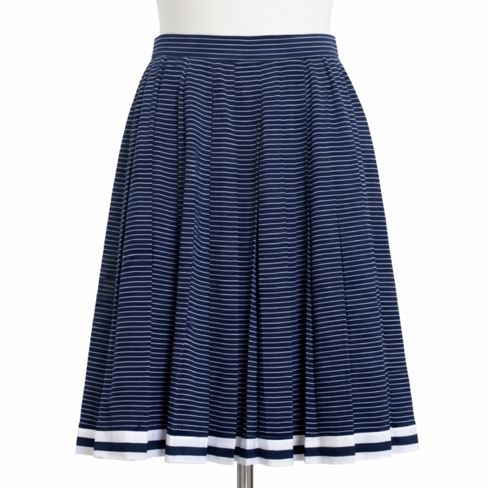 Vintage Navy White Stripe Pleated A-Line Skirt Nautical Preppy Mid-Length M
